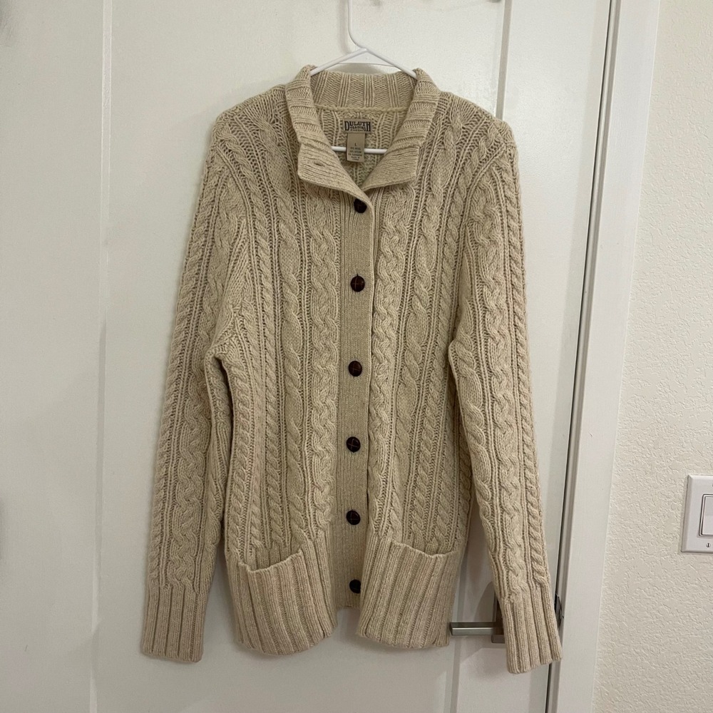 Duluth Wool Cashmere Blend Fisherman Long Cardigan Cream Fall Cabincore
